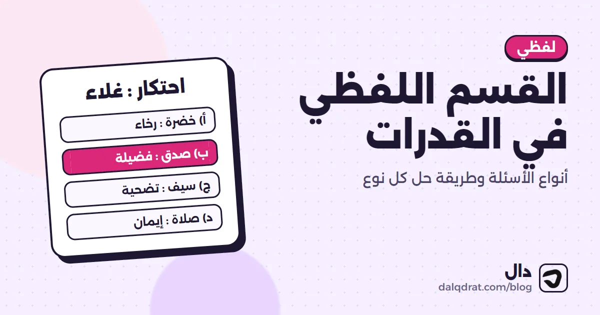 غلاف بعنوان القسم اللفظي في القدرات تحته أسماء أنواع أسئلة اللفظي